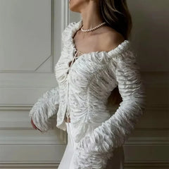 White Lace Up Gathered Top