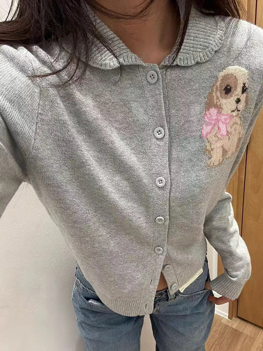 Grey Puppy Graphic Cardigan Sweater