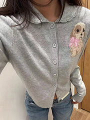 Grey Puppy Graphic Cardigan Sweater