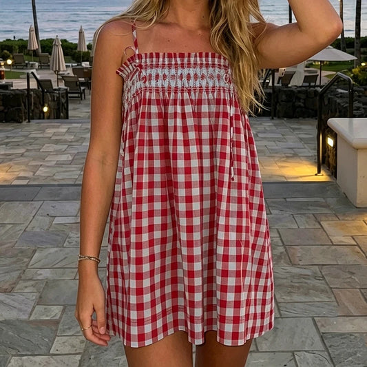 Gingham Spaghetti Strap Smocked Bust Mini Dress