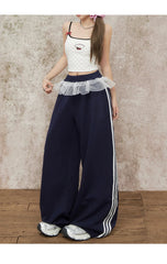 Navy Blue Wide Leg Elastic Waist Striped Sweatpants