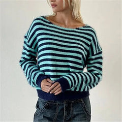 Striped Fuzzy Knit Off Shoulder Boat Neck Sweater