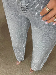 Rhinestone Denim Wide Leg Pants