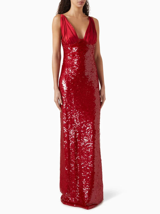 Red Deep V-Neck Sequin Long Dress