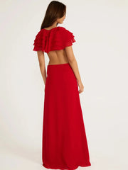 Red Tiered Mesh Crop Top And Maxi Skirt Set