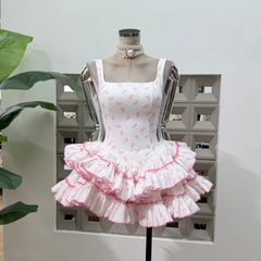 Floral Printed Sleeveless Frill Layred Bloomer Mini Dress