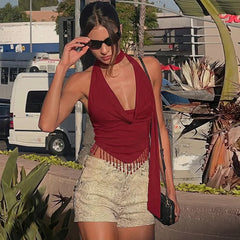 Tassel Cowl Bandage Backless Top