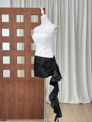 White And Black Sequin Patchwork Flower Draped Mini Dress