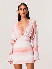 Deep V-neck Long Sleeve Mini Dress