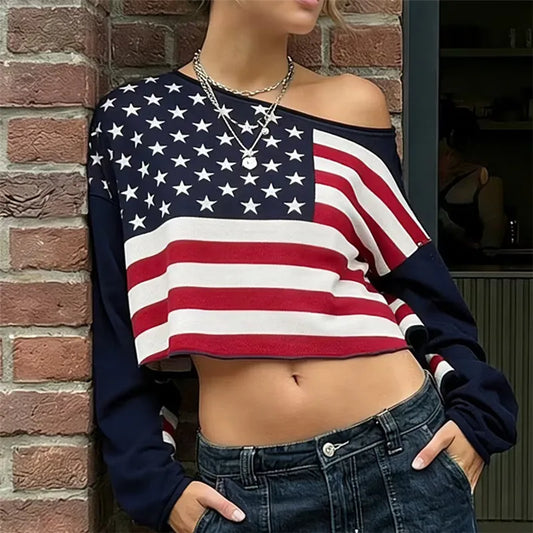 American Flag Print Off Shoulder Cropped Sweatshirt