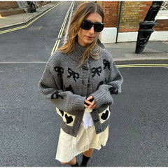 Bow Printed Knitted Cardigan