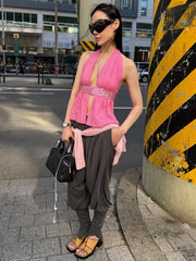 Pink Halter Slit Sequin Strap Backless Crop Top
