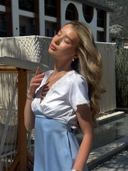 Satin Short Sleeve Bow Back V-Neck Mini Dress