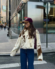 Animal Print Faux Fur Zip Short Coat