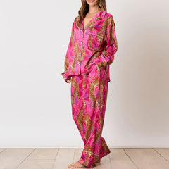 Animal Print Button-up Long Sleeve Top And Pants Set