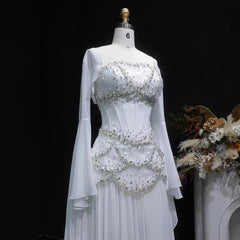 Cape Sleeve Chiffon Tiered Petals Sequined Pearl Embellished Gown