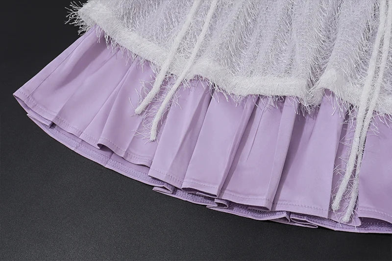 White Fur Purple Patchwork Crop Top And Mini Skirt Set