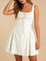 White Floral Stripe Print Square Collar Print Mini Dress