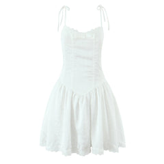 Tie Up Bow Lace Trim Flare Mini Dress
