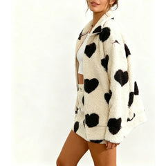 Heart Print Fuzzy Fleece Zip Up Jacket