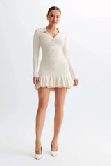 Ruffled Long Sleeve Contrast Buttoned Mini Dress