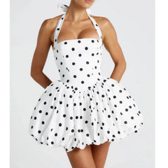 Polka Dot Halter Puff Mini Dress