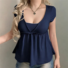 Blue Peplum Short Sleeve V-Neck Babydoll Top