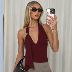 Asymmetrical Drape Strap Deep V-Neck Halter Top