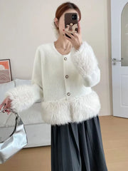 Pink O-Neck Patchwork Plush Knitted Cardigan