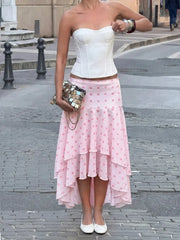 Pink Polka Dot Frill Midi Skirt