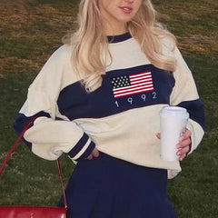 White American Flag Blue Stripe Knitted Pullover