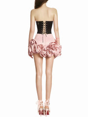 Black Satin Strapless Croset Top And 3d Frill Flower Mini Skirt Two-Piece Set