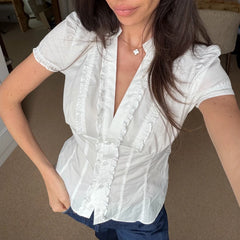 Ruffled Trim V‑Neck Puff Short Sleeve Button‑Down T-Shirt