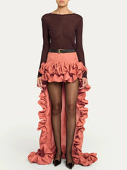 Peach Ruffle Asymmetrical Long Skirt