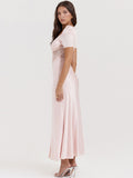 Pink Satin V-Neck Puff Sleeve Lace Patchwork Midi Dress