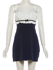 Blue Striped Ruched Bust Strapless Mini Dress