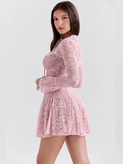 Pink Lace Sheer Long Sleeve Tie Up Neck Mini Dress