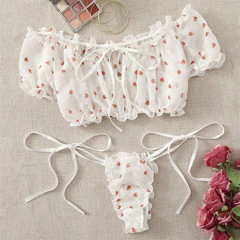 White Strawberry Print Mesh Off Shoulder Lingerie Set - Free From Label