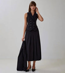 Buttoned Vest And Pleated Midi Skirt Two Piece Set Free From Label