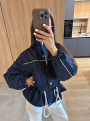High Neck Snap Button Drawstring Crop Jacket