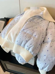 Blue Floral Print Puffer Ribbed Trim Zipper Jacket