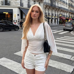 Deep V-Neck Mesh Split Flare Long Sleeve Top