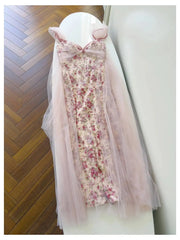 Pink Floral Off-the-Shoulder Mesh Drape Midi Dress