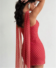 Red Dotted Tie Up Strapless Mini Dress With Scarf