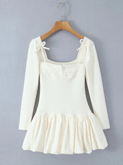 Beige Square Collar  Tie Shoulder Long Sleeve Pleated Mini Dress