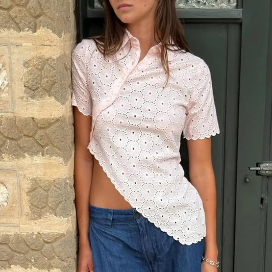 Short Sleeve Collared Button Down Eyelet Asymmetrical Crop Top