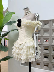 Off-shoulder Frill Rose Corset Top And Polka Dot Ruffle Mini Sirt Set