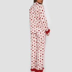 Satin Heart Print Fur Trim Long Sleeve Top and Pants Lounge Set