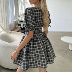 Plaid Round Neck Puff Sleeve Bow Tie Cuffs Mini Dress
