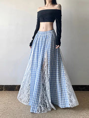 Blue Lace Patchwork Plaid Long Skirt